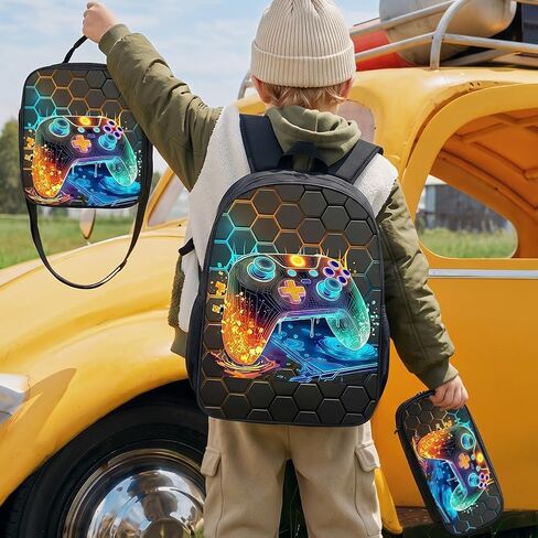 17 Inch Backpack 3 Piece Set with Game Console Pattern, Water-Resistant Large Capacity Backpack with Crossbody Bag & Pencil Case for Travel & Daily Use in Kuwait