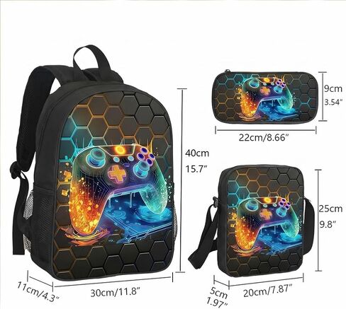 17 Inch Backpack 3 Piece Set with Game Console Pattern, Water-Resistant Large Capacity Backpack with Crossbody Bag & Pencil Case for Travel & Daily Use in Kuwait