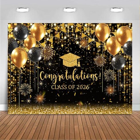Mocsicka 7x5ft خلفية التخرج فئة 2026 ديكورات باللونين الأسود والذهبي Bokeh Glitter 2026 صورة التخرج خلفية المدرسة فئة تهانينا Grad راية لوازم الديكور in Kuwait