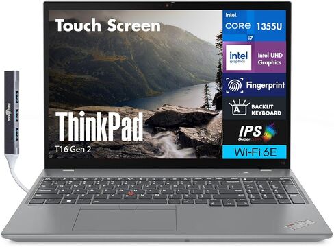 Lenovo ThinkPad T16 Gen 2 Business Laptop 16.0 بوصة IPS FHD+ شاشة لمس (Intel i7-1355U، 48 جيجا DDR5، 1 تيرابايت SSD، مساعد الطيار، إضاءة خلفية، بصمة الإصبع، كاميرا ويب FHD، 2 Thunderbolt 4، Win11P) مع موسع منفذ USB DKZ in Kuwait