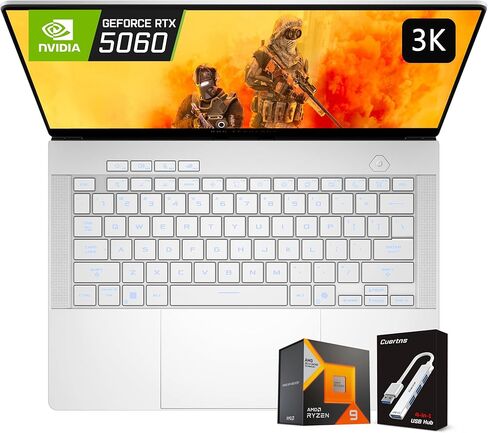 كمبيوتر محمول للألعاب ASUS ROG Zephyrus G14، شاشة 14 بوصة 3K OLED، AMD Ryzen 9 270(>i9-12900H)، GeForce RTX 5060، لوحة مفاتيح بإضاءة خلفية RGB، AI VR Ready، Dolby ATOMS، Windows 11 Home، أبيض (16 جيجابايت DDR5 RAM | 1 تيرابايت SSD) in Kuwait