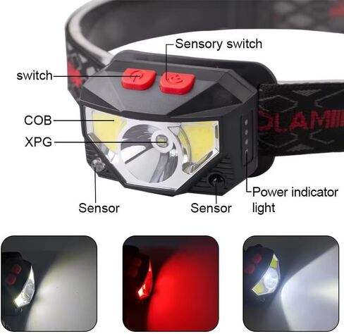 Headlamp Rechargeable, Super Bright Motion Sensor LED Head Lamp Flashlight, 8 Modes for Camping & Hiking Gear Essentials, IP65 Waterproof Headlight, Red Light for Emergency Safety, USB Cable Included in Kuwait