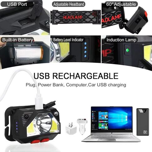 Headlamp Rechargeable, Super Bright Motion Sensor LED Head Lamp Flashlight, 8 Modes for Camping & Hiking Gear Essentials, IP65 Waterproof Headlight, Red Light for Emergency Safety, USB Cable Included in Kuwait