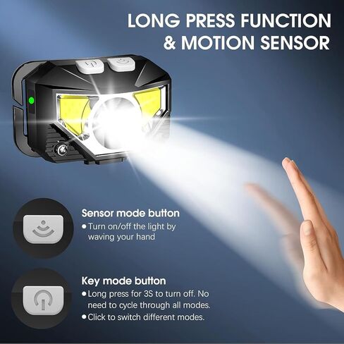Headlamp Rechargeable, Super Bright Motion Sensor LED Head Lamp Flashlight, 8 Modes for Camping & Hiking Gear Essentials, IP65 Waterproof Headlight, Red Light for Emergency Safety, USB Cable Included in Kuwait