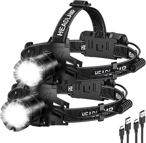 Kmivo 2-Pack Rechargeable LED Headlamps - 99,000 High Lumens Super Bright Head Light with 3 Modes, 90° Adjustable Tilt, IPX6 Waterproof for Camping, Hiking, Running & Outdoors in Kuwait