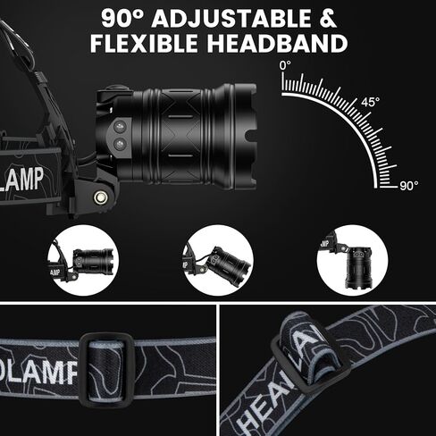 Kmivo 2-Pack Rechargeable LED Headlamps - 99,000 High Lumens Super Bright Head Light with 3 Modes, 90° Adjustable Tilt, IPX6 Waterproof for Camping, Hiking, Running & Outdoors in Kuwait
