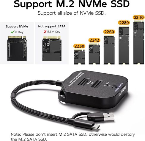 حاوية Dual Bay NVMe - جهاز نسخ NVME بسرعة 16 جيجابت في الثانية مع كابل C إلى C-A، واستنساخ دون اتصال، وقاعدة إرساء M.2 لقارئ محول بدون أدوات، ومؤشر LED للتقدم، وتبديد سريع للحرارة in Kuwait