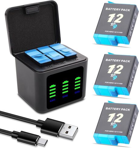 2000mAh Battery Charger Kits for Hero 12 11 10 9 Black, 3-Pack Replacement Batteries and Triple Charge Case with Type-C Charging Cord for Go Pro 12 11 10 9 Batteries Accessories in Kuwait