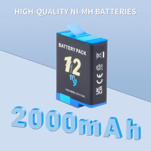 2000mAh Battery Charger Kits for Hero 12 11 10 9 Black, 3-Pack Replacement Batteries and Triple Charge Case with Type-C Charging Cord for Go Pro 12 11 10 9 Batteries Accessories in Kuwait