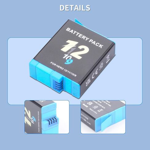 2000mAh Battery Charger Kits for Hero 12 11 10 9 Black, 3-Pack Replacement Batteries and Triple Charge Case with Type-C Charging Cord for Go Pro 12 11 10 9 Batteries Accessories in Kuwait