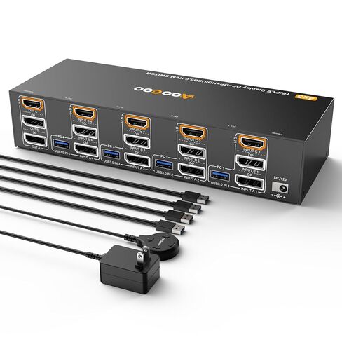 KVM Switch 3 Monitors 4 Computers 8K@60Hz,HDMI Displayport Triple Monitor KVM Switch,3 Monitor KVM with 4 USB 3.0 Ports for Keyboard Mouse, Wired Remote and 4 USB3.0 Cables Included, Multicolor in Kuwait
