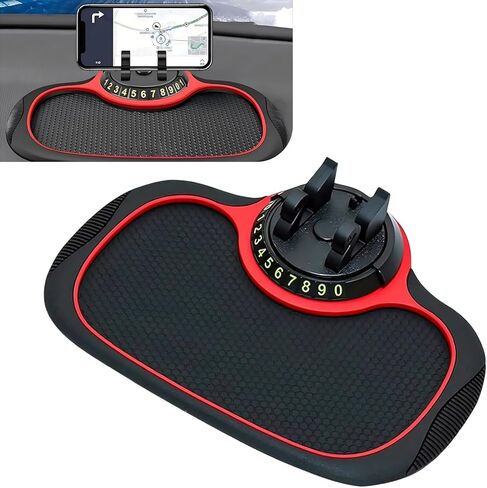 Car Anti-slip Mat Phone Holder, Multi-functional Center Console Storage Mat with Temporary Parking Numbers, 360 Degrees Rotatable Phone Holder, for Phones, Sunglasses, Keys (Black & Red) in Kuwait