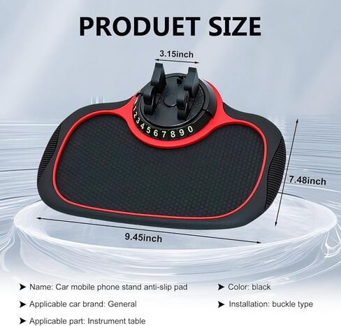 Car Anti-slip Mat Phone Holder, Multi-functional Center Console Storage Mat with Temporary Parking Numbers, 360 Degrees Rotatable Phone Holder, for Phones, Sunglasses, Keys (Black & Red) in Kuwait