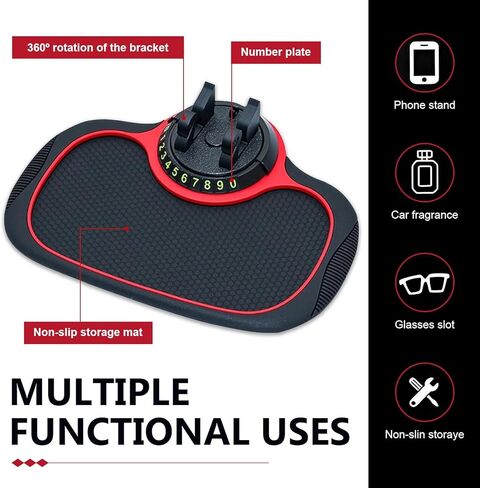 Car Anti-slip Mat Phone Holder, Multi-functional Center Console Storage Mat with Temporary Parking Numbers, 360 Degrees Rotatable Phone Holder, for Phones, Sunglasses, Keys (Black & Red) in Kuwait