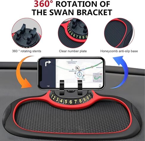 Car Anti-slip Mat Phone Holder, Multi-functional Center Console Storage Mat with Temporary Parking Numbers, 360 Degrees Rotatable Phone Holder, for Phones, Sunglasses, Keys (Black & Red) in Kuwait