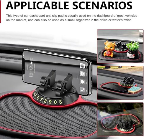 Car Anti-slip Mat Phone Holder, Multi-functional Center Console Storage Mat with Temporary Parking Numbers, 360 Degrees Rotatable Phone Holder, for Phones, Sunglasses, Keys (Black & Red) in Kuwait