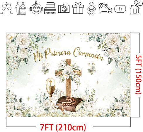 لافتة خلفية من Mocsicka Mi Primera Comunion، ديكورات المعمودية المقدسة الأولى، Greeney التعميد، God Bless Party، خلفية تصوير فوتوغرافي، لافتة كشك للصور (82.6 بوصة طول × 59 بوصة عرض) in Kuwait