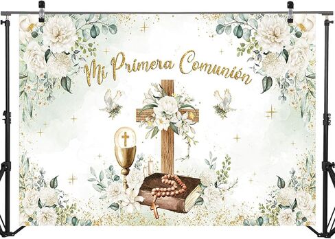 لافتة خلفية من Mocsicka Mi Primera Comunion، ديكورات المعمودية المقدسة الأولى، Greeney التعميد، God Bless Party، خلفية تصوير فوتوغرافي، لافتة كشك للصور (82.6 بوصة طول × 59 بوصة عرض) in Kuwait