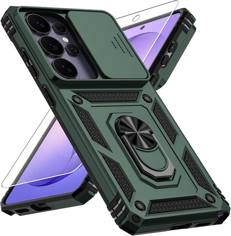 حافظة Vinve لهاتف Samsung Galaxy S26، غطاء عدسة منزلق، واقي شاشة عالي الدقة، حماية من السقوط من الدرجة العسكرية، حامل حلقي مغناطيسي دوار، حافظة هاتف واقية (أزرق داكن) in Kuwait