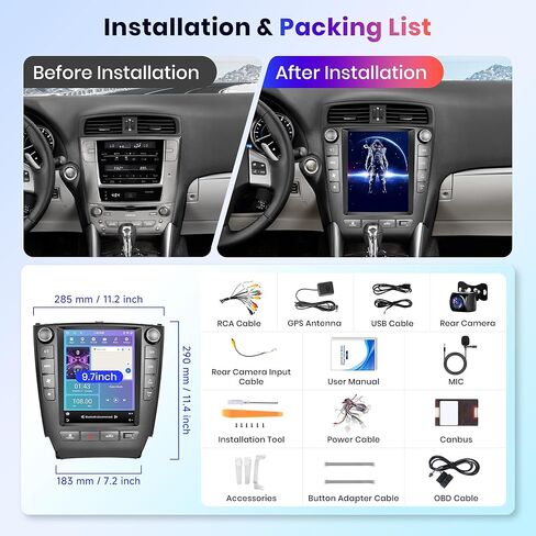 8Core 6G+128G Android Car Stereo Radio for IS250 2006-2012, Rimoody Wireless CarPlay Android Auto 9.7 inch Vertical Touchscreen GPS WiFi Mirror Link Bluetooth FM/RDS EQ USB + Backup Camera in Kuwait