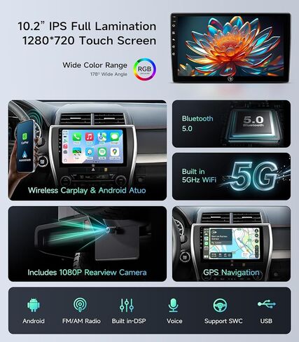 10.2" Car Stereo Radio for Toyota Camry 2015 2016 2017 - Wireless CarPlay Android Auto | 5G WiFi GPS Navigation | IPS HD Touchscreen | Bluetooth/FM/SWC | Plug & Play with 1080P Backup Camera in Kuwait