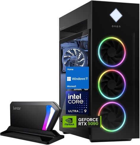 HP OMEN 45L GT22 RTX 5090 Gaming Desktop, Intel Ultra 9 285K, NVIDIA RTX 5090, 64GB DDR5 RAM, 4TB SSD, RGB Light Studio & Gaming Hub,Wi-Fi 6, W11H, Bundle with Lexar SL660 512GB Portable SSD in Kuwait