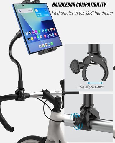 حامل دراجة Gooseneck Spin لـ Z Fold - [صديق للهاتف قابل للطي] حامل جهاز لوحي لركوب الدراجات في الأماكن المغلقة، دراجة ثابتة، بيضاوية، مشبك مقود لـ Samasung Galaxy Fold 7 6 5 4 3 2، علامات التبويب in Kuwait