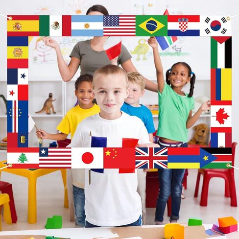 نسيج العلم الدولي صورة الدعامة أعلام العالم إطار الصورة حول خلفية العالم كأس العالم زينة الحفلات للأحداث الرياضية القطرية ديكور الحفلات 62 × 42.5 بوصة in Kuwait