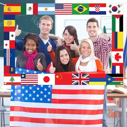 نسيج العلم الدولي صورة الدعامة أعلام العالم إطار الصورة حول خلفية العالم كأس العالم زينة الحفلات للأحداث الرياضية القطرية ديكور الحفلات 62 × 42.5 بوصة in Kuwait