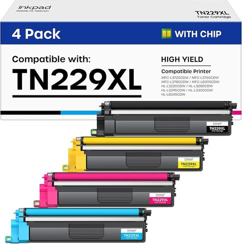 iNKPAD Compatible TN229XL Toner Cartridge 4 Pack High Yield Replacement for Brother TN229XL TN229 Compatible with MFC-L3780CDW HL-L3280CDW MFC-L3720CDW HL-L3300CDW Printers (Bk/C/M/Y) in Kuwait