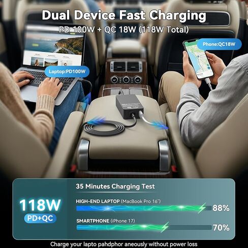 100W Laptop Car Charger USB-C Laptop Car Charger for Dell Latitude/XPS/Precision,MacBook Pro/Air,Lenovo ThinkPad/Yoga,HP Spectre/Elitebook,Acer Chromebook,Samsung Galaxy,Asus,LG Gram–Extra USB-A Port in Kuwait