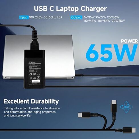 65W USB-C Laptop Charger, Compact Lightweight AC Adapter with Smart Charging Protection, Universal Compatibility with MacBook Dell HP Lenovo Asus Acer, 100-240V Global Voltage in Kuwait