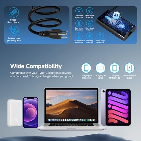 65W USB-C Laptop Charger, Compact Lightweight AC Adapter with Smart Charging Protection, Universal Compatibility with MacBook Dell HP Lenovo Asus Acer, 100-240V Global Voltage in Kuwait