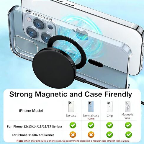 شاحن لاسلكي مغناطيسي Apple Mag-Safe، [معتمد من Apple MFi] كتلة شاحن iPhone ووسادة شحن لاسلكية 15 وات لهواتف iPhone 17 Pro Max/17 Pro/17 Air/17/16/15/14/13/12/11، AirPods Pro 3/2 (أسود) in Kuwait