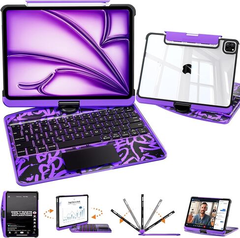 حافظة لوحة مفاتيح شفافة لجهاز iPad Air 11 بوصة (M3 2025/M2 2024)، Air 5th/4th Gen 10.9 بوصة وiPad Pro 11 بوصة (4th-1st) - لوحة تتبع متعددة اللمس، حامل دوار 360 درجة، إضاءة خلفية 7 ألوان، حامل أقلام رصاص، أرجواني in Kuwait