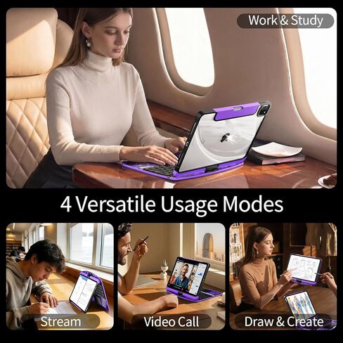 حافظة لوحة مفاتيح شفافة لجهاز iPad Air 11 بوصة (M3 2025/M2 2024)، Air 5th/4th Gen 10.9 بوصة وiPad Pro 11 بوصة (4th-1st) - لوحة تتبع متعددة اللمس، حامل دوار 360 درجة، إضاءة خلفية 7 ألوان، حامل أقلام رصاص، أرجواني in Kuwait