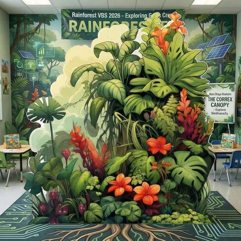 Gerrii VBS 2026 47.2 × 48.4 بوصة كبيرة الغابات المطيرة موضوع الطرف الديكور عطلة الكتاب المقدس مدرسة الغابات المطيرة خلفية الغابة مشهد النبات خلفية لVBS سفاري موضوع Luau الغابة ديكور حفلة in Kuwait