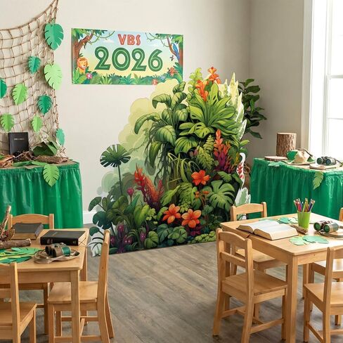 Gerrii VBS 2026 47.2 × 48.4 بوصة كبيرة الغابات المطيرة موضوع الطرف الديكور عطلة الكتاب المقدس مدرسة الغابات المطيرة خلفية الغابة مشهد النبات خلفية لVBS سفاري موضوع Luau الغابة ديكور حفلة in Kuwait