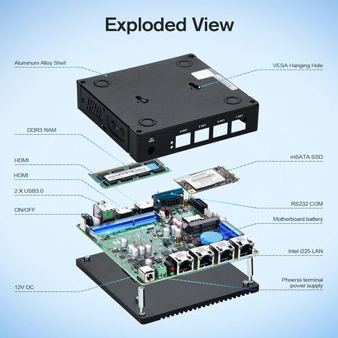 جهاز جدار حماية بدون مروحة Intel J3710 4C/4T، كمبيوتر صغير 4X i226 منافذ LAN 8G DDR3 RAM 64G mSATA SSD بوابة الشبكة جهاز التوجيه الناعم AES NI اختبار مع P-F-Sense/OPN-SESNE in Kuwait