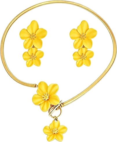 Boho Flower Earrings Necklace Set for Women Gold Flower Pendant Necklace and White flower Statement Earrings Spring Earring Spring Trendy Jewelry Accessories in Saudi Arabia