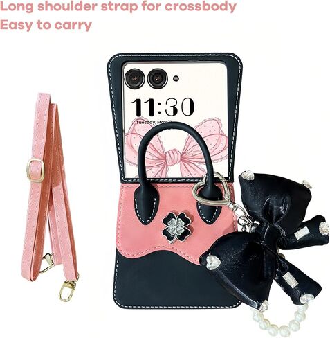 for Motorola Razr Ultra 2025 Case with Long Strap & Chain, Cute Shape Design Razr Ultra 2025 Case for Women and Girls, Shockproof Protective Wallet Case for Moto Razr Razr 2025 Black in Kuwait