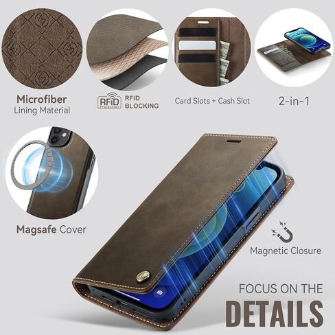 Wallet Case for iPhone 12 / iPhone 12 Pro Compatible with Magsafe, 2-in-1 PU Leather Flip RFID Blocking Card Holder Stand Shockproof Magnetic Detachable Cover for iPhone 12 Pro Case, Brown in Kuwait