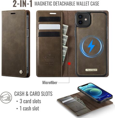 Wallet Case for iPhone 12 / iPhone 12 Pro Compatible with Magsafe, 2-in-1 PU Leather Flip RFID Blocking Card Holder Stand Shockproof Magnetic Detachable Cover for iPhone 12 Pro Case, Brown in Kuwait