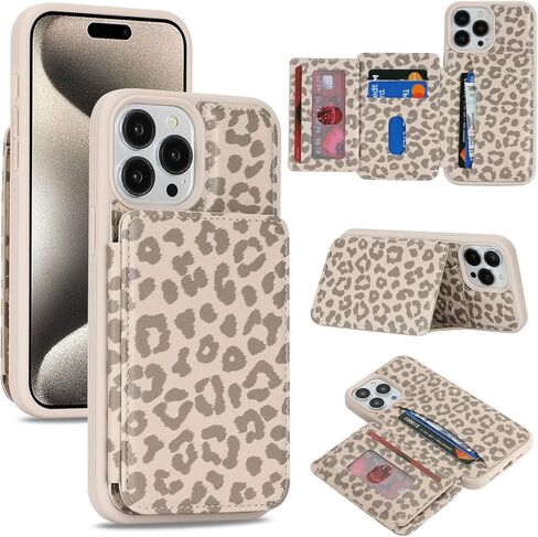 Cavor Compatible with iPhone 15 Wallet Case with Card Holder, Credit Slots Kickstand Stand Phone Case for Women Men, PU Leather Protective Case-Beige Leopard in Kuwait