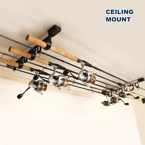 Rush Creek Creations 6-Fishing Rod/حامل القطب: رف قضيب صيد قابل للتوسيع على الحائط/السقف للتخزين، حامل عمودي/أفقي موفر للمساحة لمجموعات بكرة القضيب in Kuwait