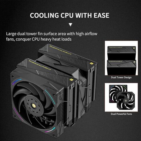 مبرد وحدة المعالجة المركزية Thermalrlght Royal Pretor 130 Ultra Black CPU، 7 أنابيب حرارية لتبريد وحدة المعالجة المركزية، غطاء علوي مصقول باللون الأسود، لمنصات Intel LGA115X/2011/1700/1851، AM4/AM5، وأبراج مزدوجة ومبرد مراوح in Kuwait
