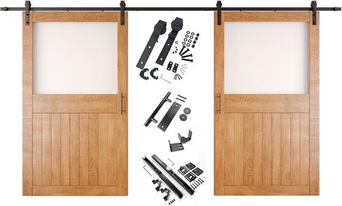 Early American 48 x 84 in. Sliding Barn Door, Set of 2 Doors, Half Lite Frosted Glass, Assembly Required, with 18 ft Double Door Hardware Kit, Non-Bypass, Interior Use in Kuwait