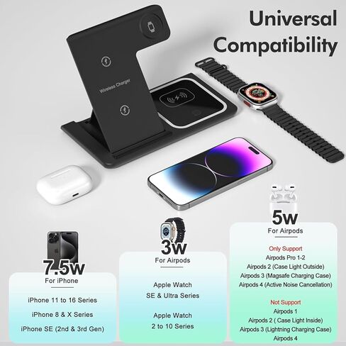قاعدة شحن لاسلكية 3 في 1، حامل شاحن لاسلكي لهاتف iPhone17 16e 16 15 14 Pro Max 13 12 11، قاعدة شحن لأجهزة AirPods 4 3 2 Pro، وساعة Apple 11/10/9/Ultra/8/SE/7/6/5/4/3 in Kuwait