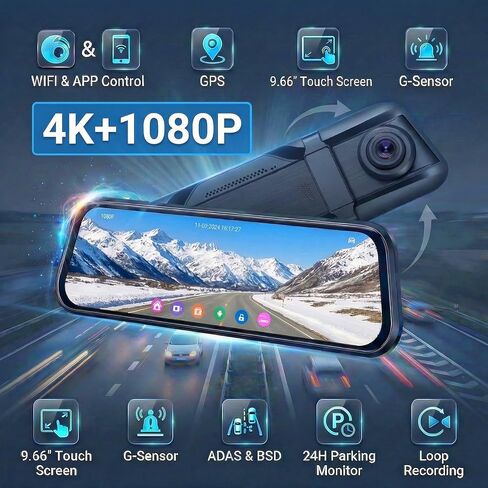 كاميرا قياس مرآة بدقة 4K، وكاميرا مرآة رؤية خلفية بشاشة تعمل باللمس مقاس 9.66 بوصة مع كاميرا أمامية بدقة 4K وكاميرا خلفية بدقة 1080 بكسل، وكاميرا سيارة مرآة تدعم WiFi، وتسجيل حلقة/مستشعر G/GPS/رؤية ليلية/ADAS/BSD in Kuwait