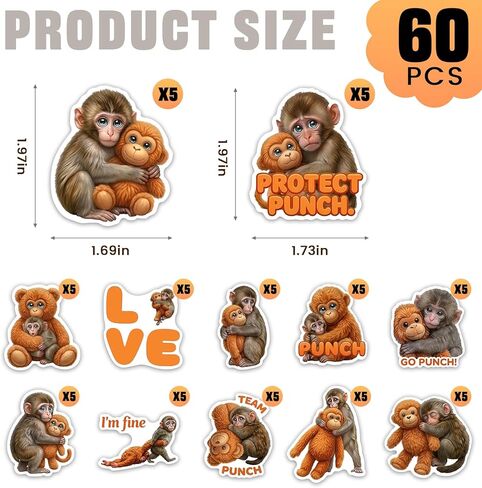 60PCS Punch Monkey Stickers, Funny Punch the Monkey Aesthetic Stickers for Water Bottles, Laptops, Phone Cases in Kuwait